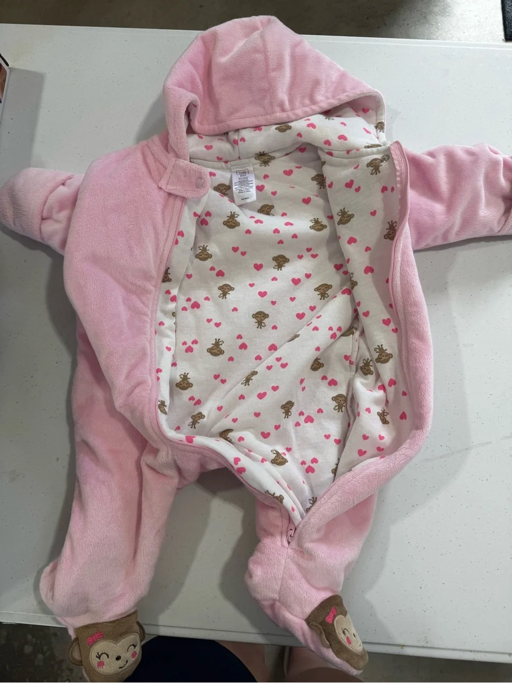Pink Monkey Hooded Baby One-Piece